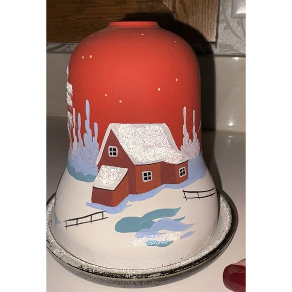 Christmas Fairy Light Tea Light Handpainted Glass Village Holder Bell Shaped 6” - Picture 6 of 11